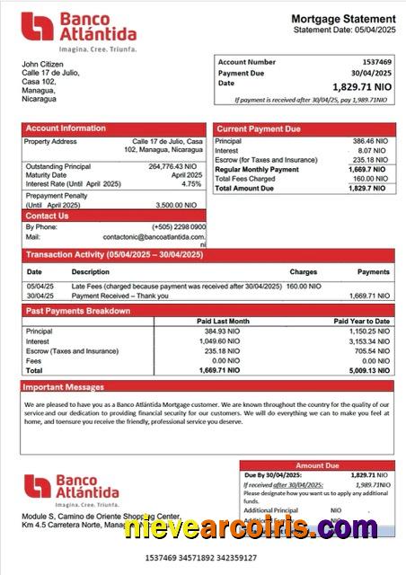 Nicaragua Banco Atlántida mortgage statement Word and PDF template